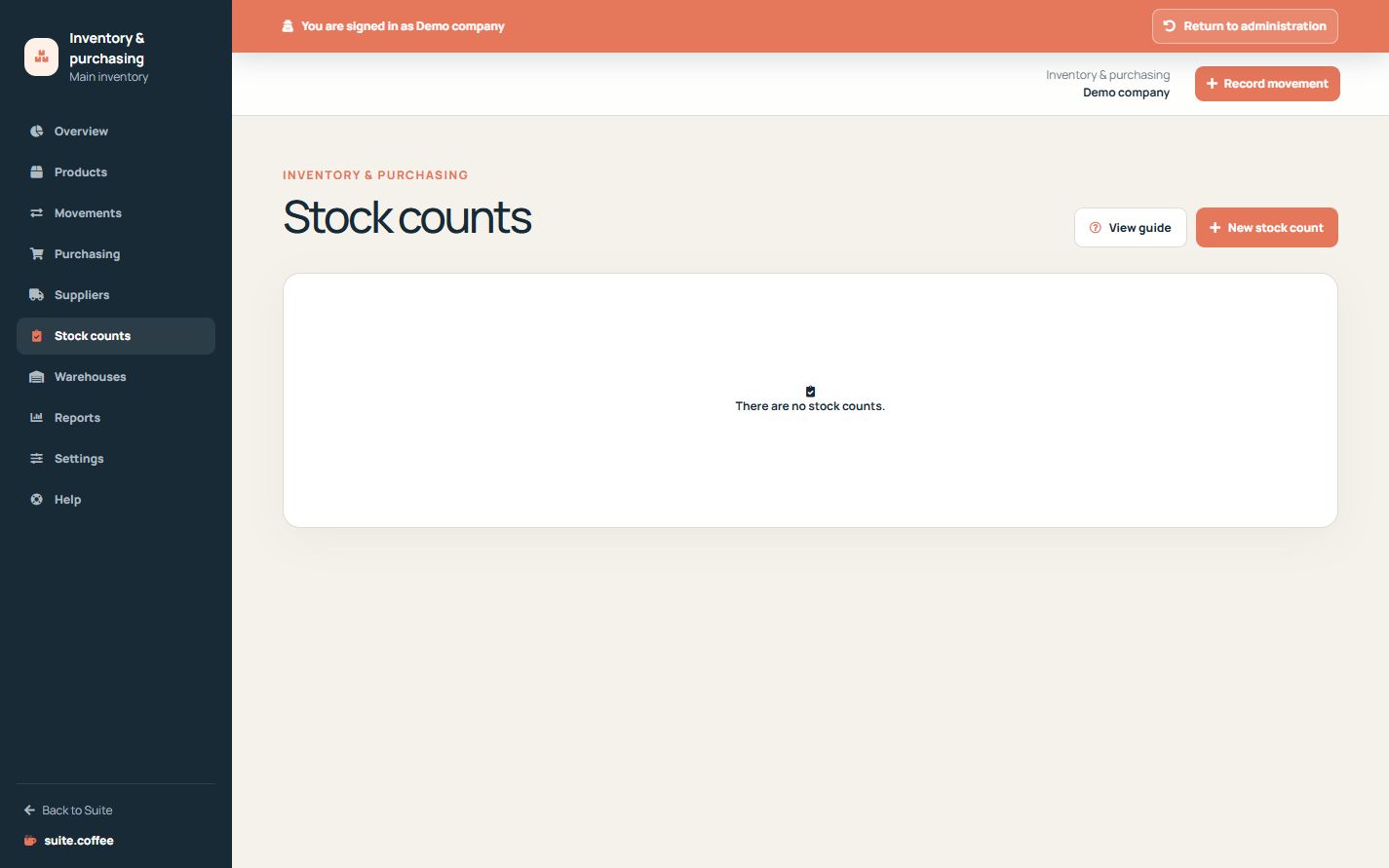 Item stock-count list with count number, warehouse, date and workflow state.