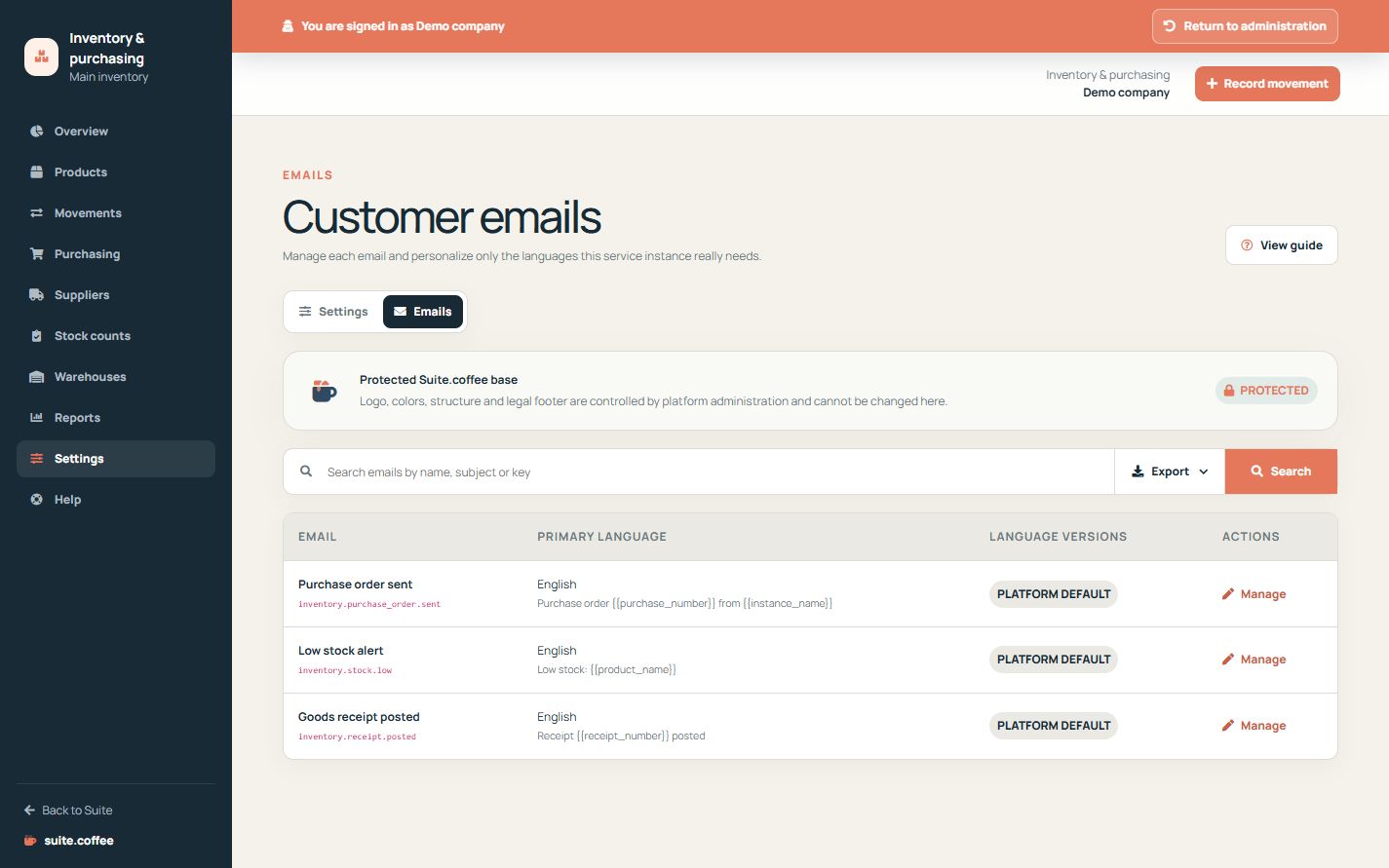 Item email-template list with event, recipient, primary language and customisation status.