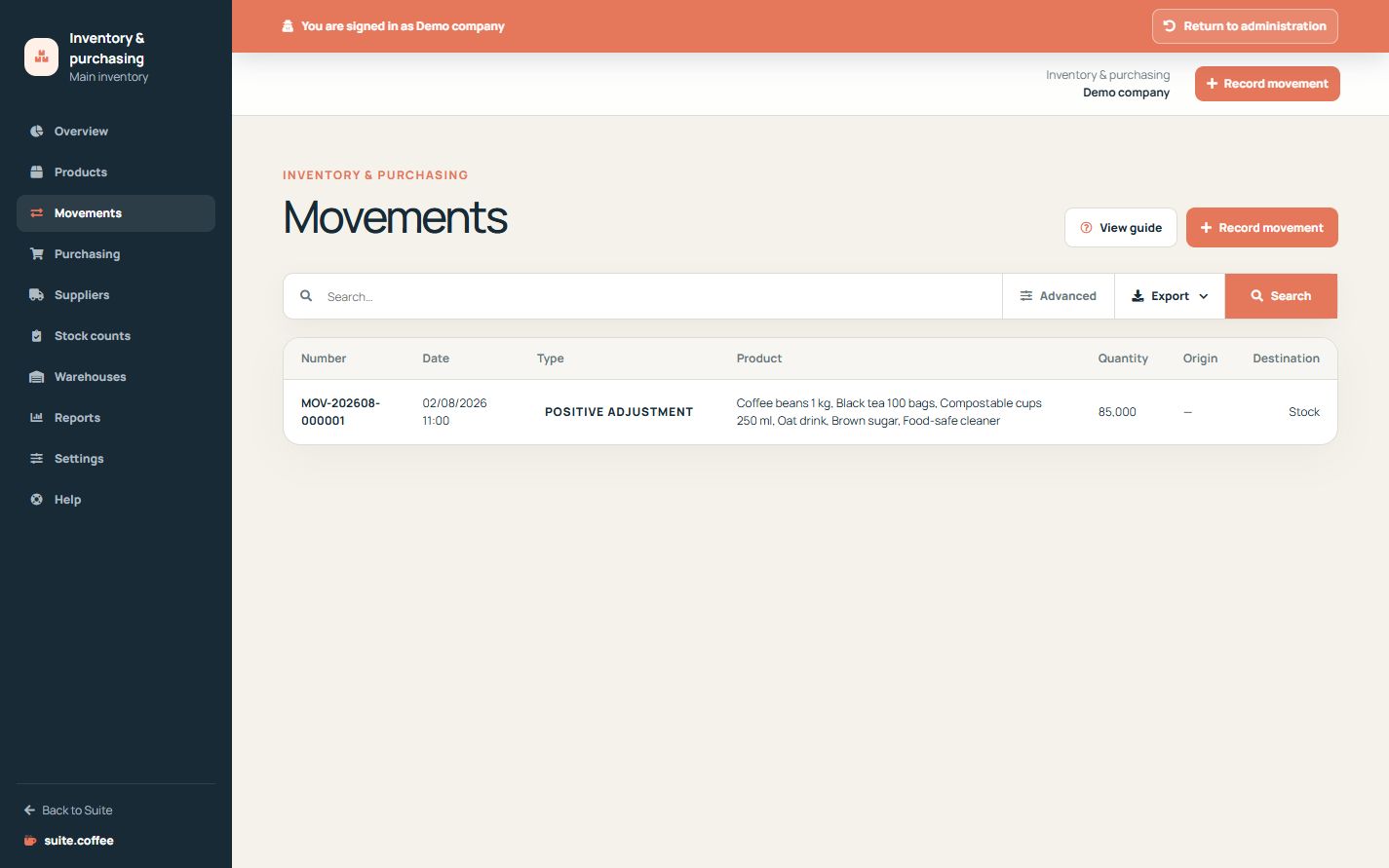 Item movement list with number, date, type, product, quantity and locations.
