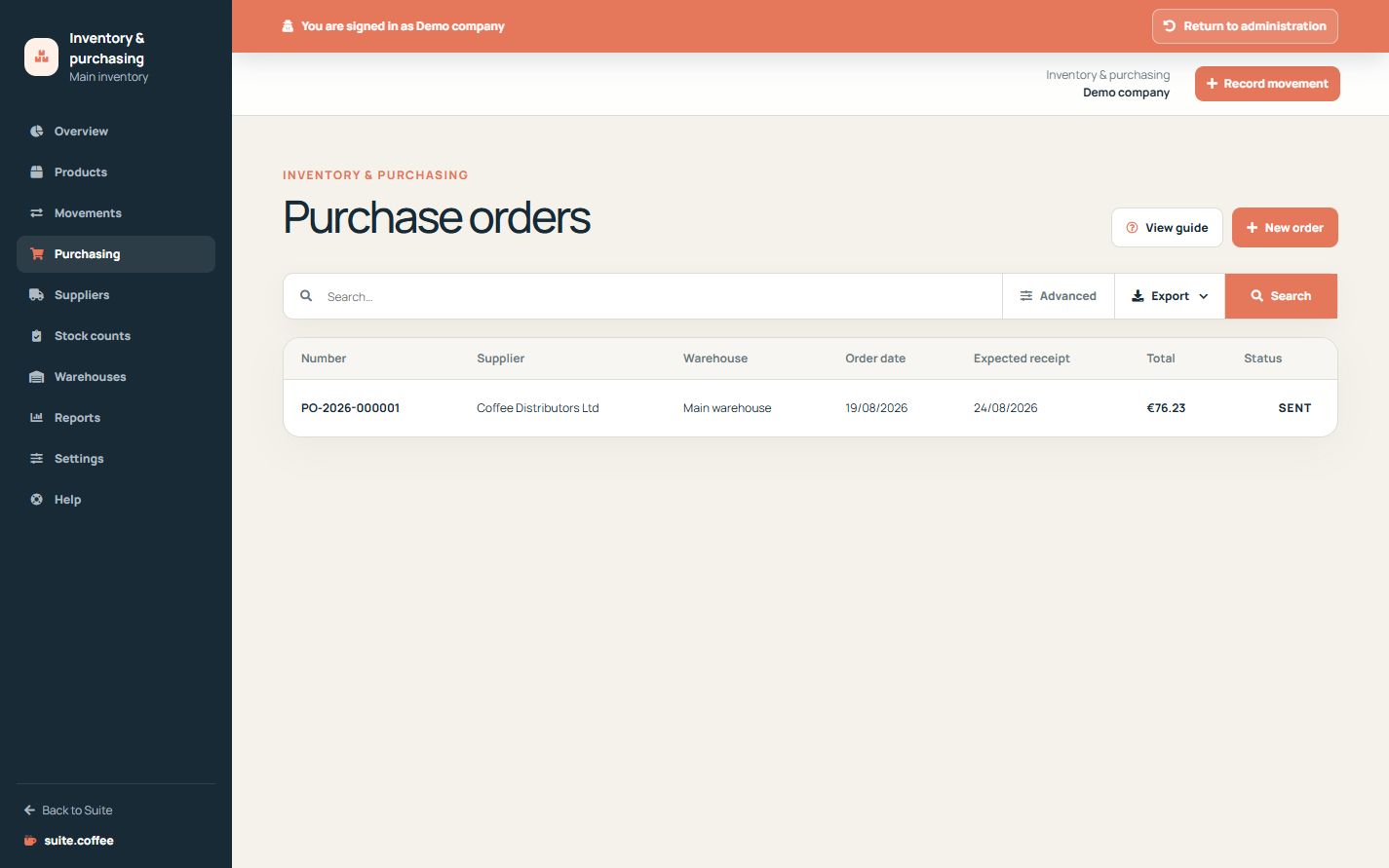 Item purchase-order list with supplier, warehouse, dates, total and status.