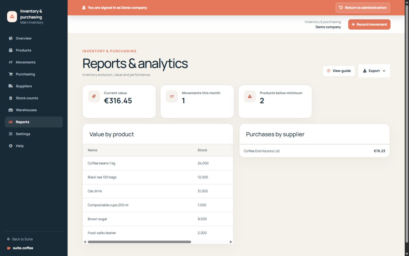 Item reports showing current stock value, movements, low-stock products and supplier spend.