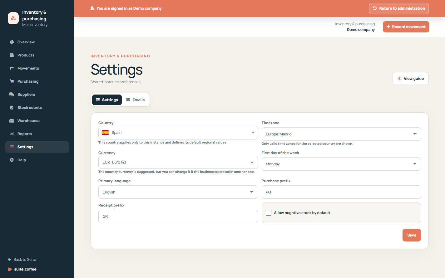 Item settings with country, timezone, currency, language and document prefixes.