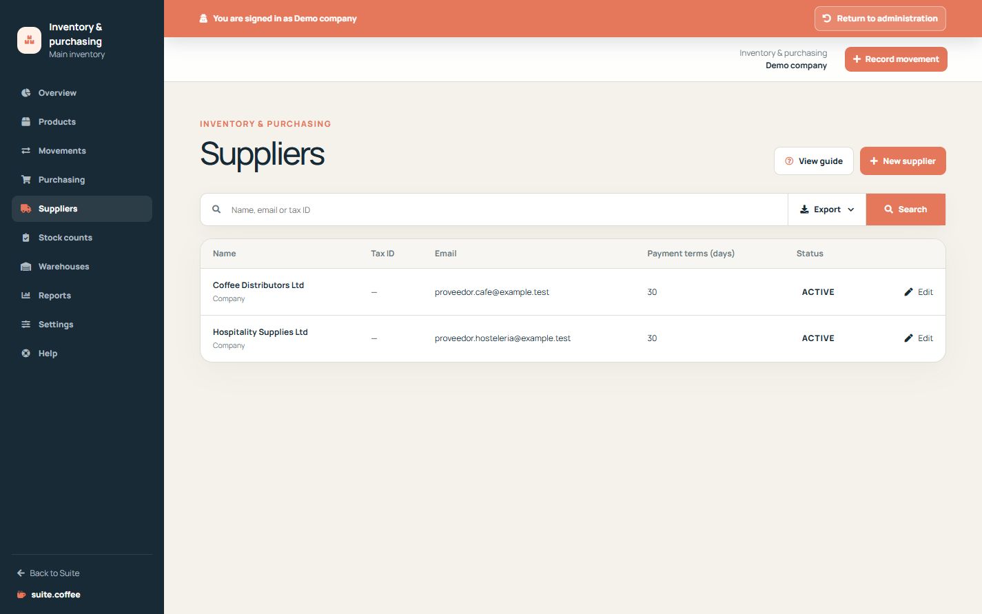 Item supplier list with tax ID, email, payment terms and status.
