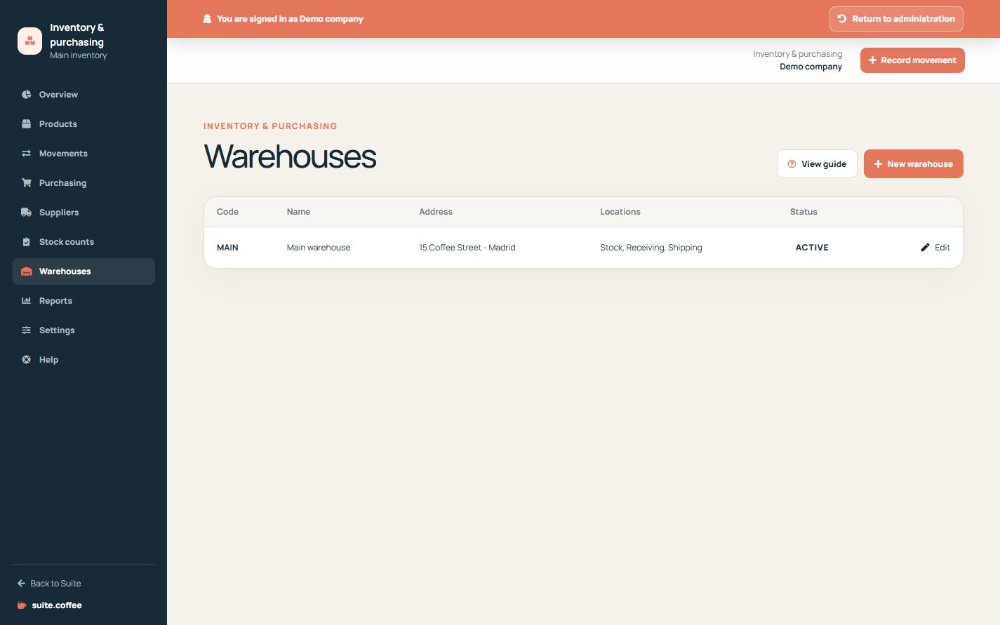 Liste des entrepôts Item avec codes, adresses, emplacements et statut actif.