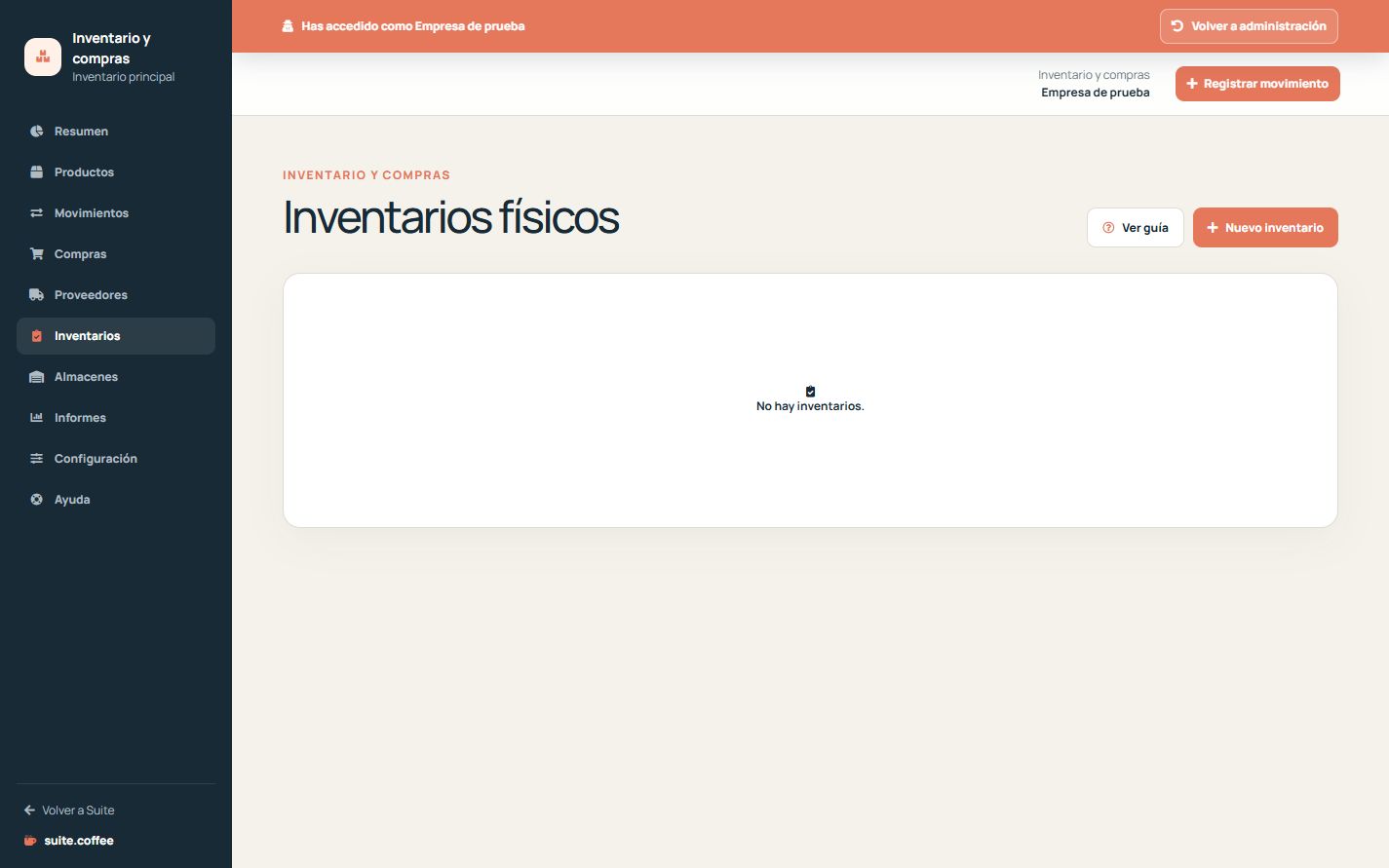 Listado de inventarios físicos de Item con número, almacén, fecha y estado.