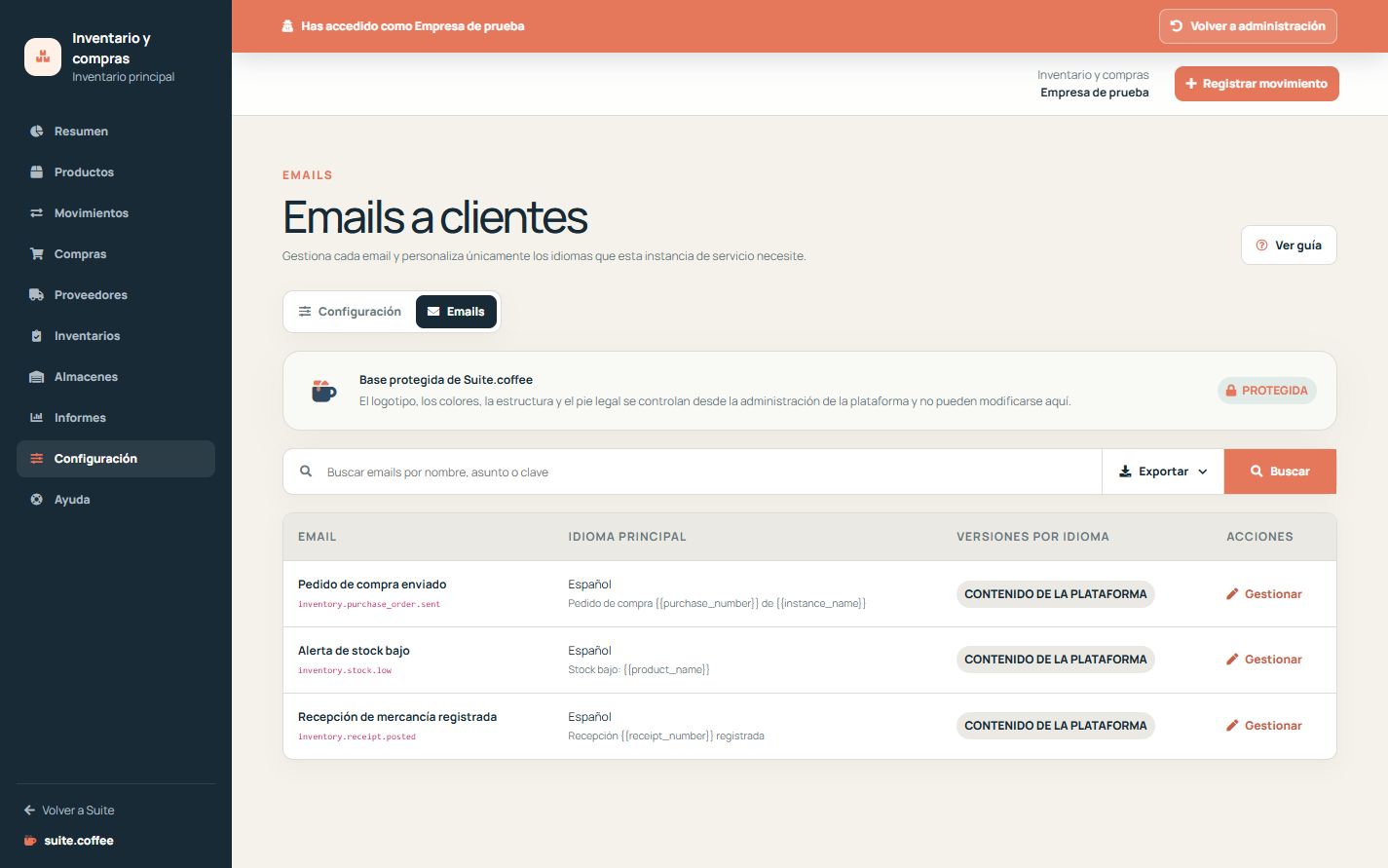 Listado de emails de Item con evento, destinatario, idioma y personalización.