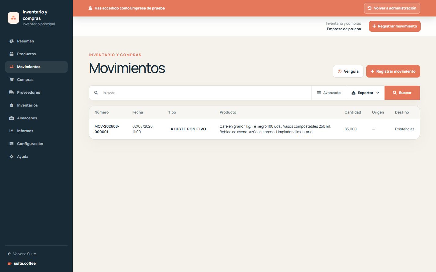 Listado de movimientos de Item con número, fecha, tipo, producto, cantidad y ubicaciones.