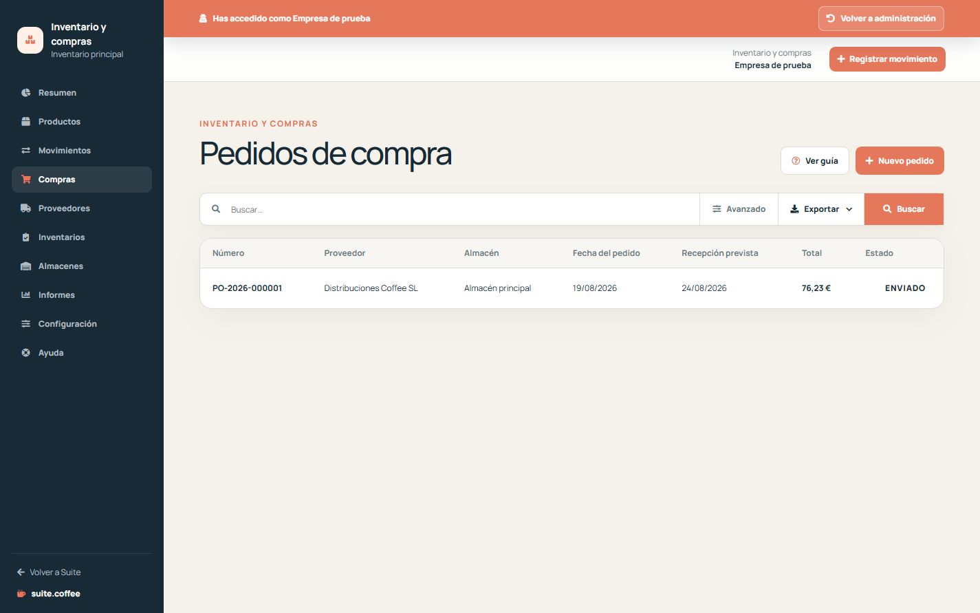 Listado de pedidos de Item con proveedor, almacén, fechas, total y estado.