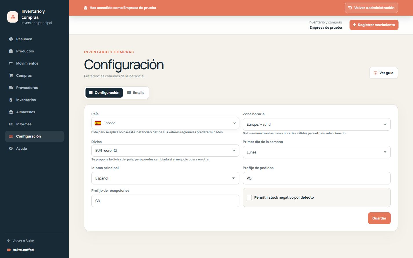 Configuración de Item con país, zona horaria, divisa, idioma y prefijos documentales.