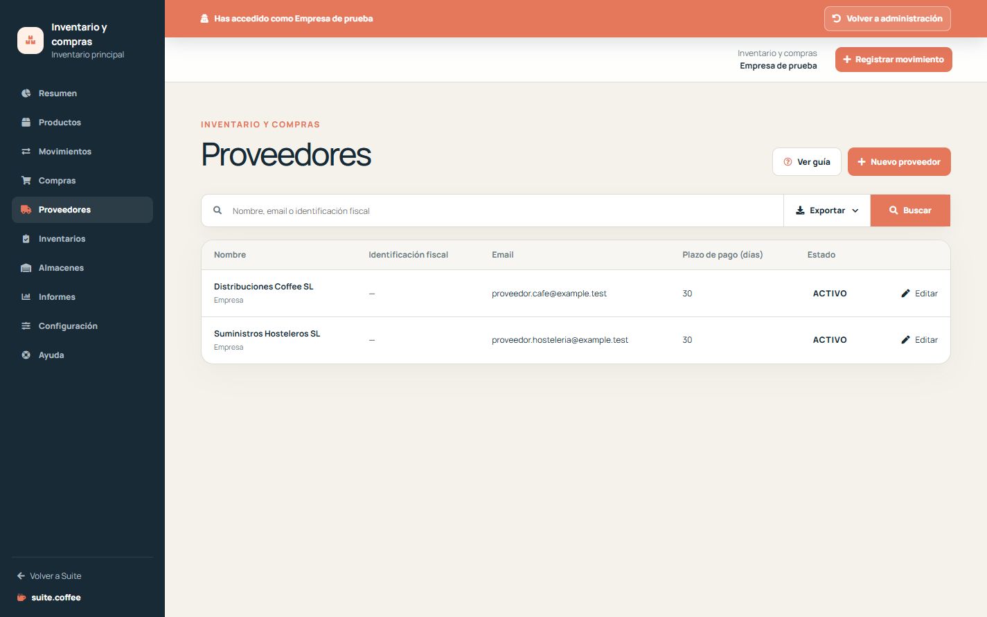 Listado de proveedores de Item con identificación fiscal, email, plazo y estado.
