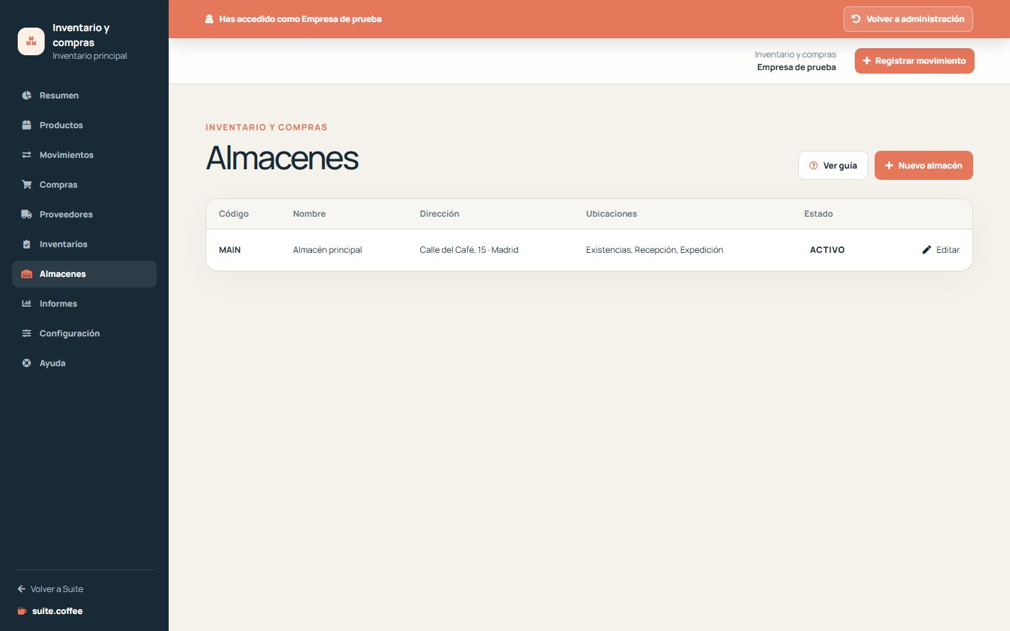 Listado de almacenes de Item con códigos, direcciones, ubicaciones y estado.