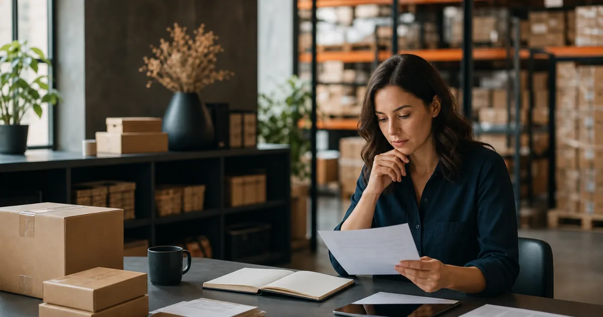 Small business owner reviewing supplier purchase order quantities and warehouse stock before replenishment