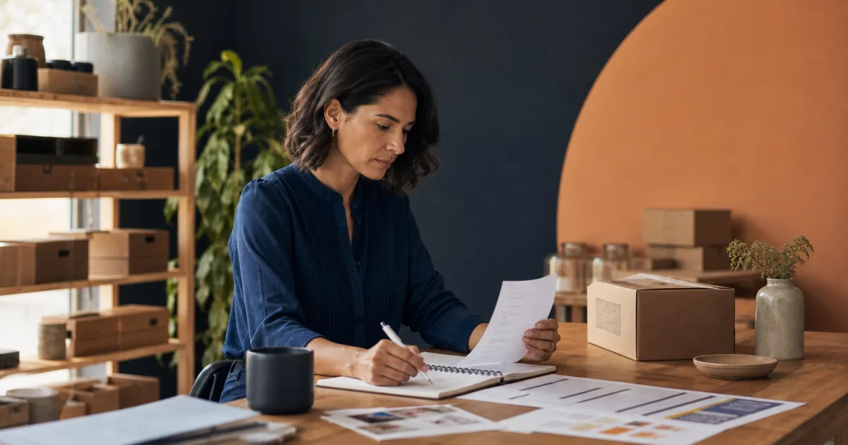 Propietario de una pequeña empresa comparando registros de compras de proveedores y necesidades de existencias