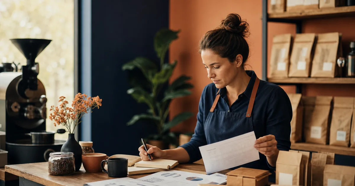 Independent shop owner reviewing seasonal stock quantities and purchase records