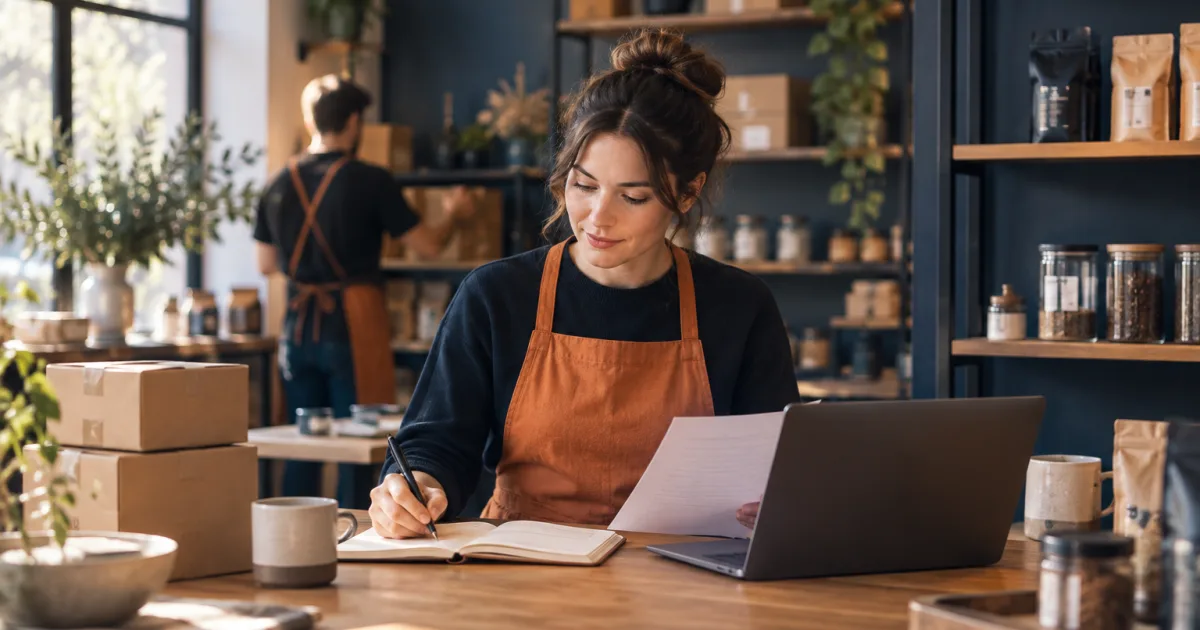 Pequeño comerciante revisando registros de proveedores, compras y existencias