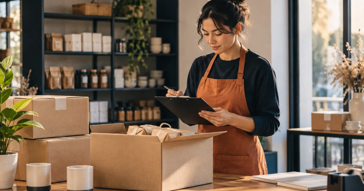 Propietario de un pequeño comercio que comprueba los productos recibidos comparándolos con un pedido al proveedor antes de actualizar las existencias
